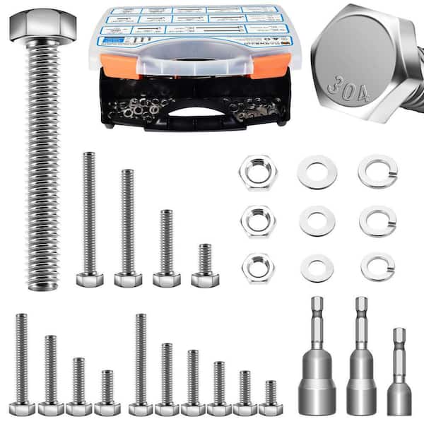 410-Piece Stainless Steel Hex Bolt and Nut Assortment Kit, 1/4"-20,5/16"-18,3/8"-16, with Washers and Organizer Case