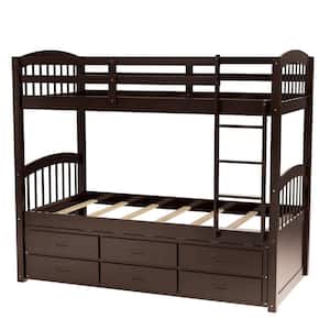 80.7 in. L Twin Over Twin Wood Bunk Bed with Ladder, Trundle and 3-Drawers, Pine Wood plus MDF, Bed Rails, Espresso