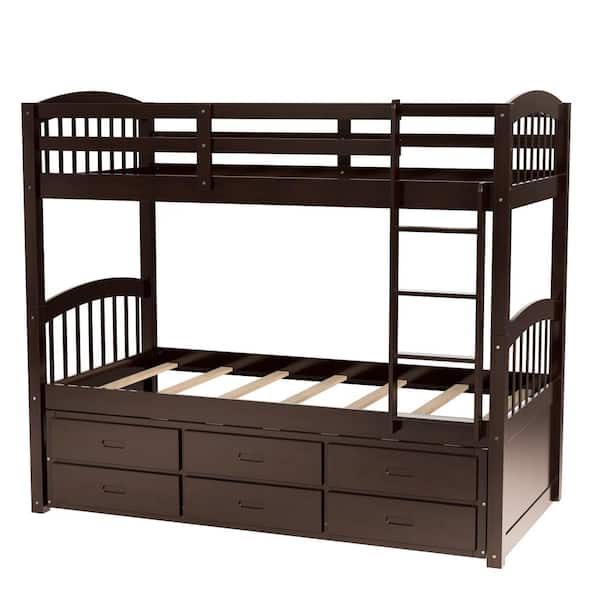 URTR 80.7 in. L Twin Over Twin Wood Bunk Bed with Ladder, Trundle and 3-Drawers, Pine Wood plus MDF, Bed Rails, Espresso