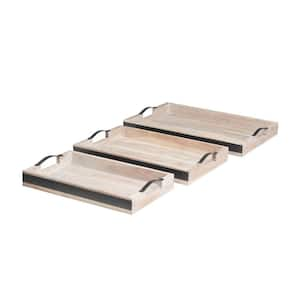 Cream Mango Wood Nesting Decorative Tray with Black Metal Handles (Set of 3)