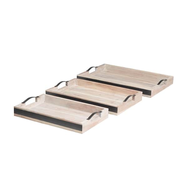 Litton Lane Cream Mango Wood Nesting Decorative Tray with Black Metal Handles (Set of 3)