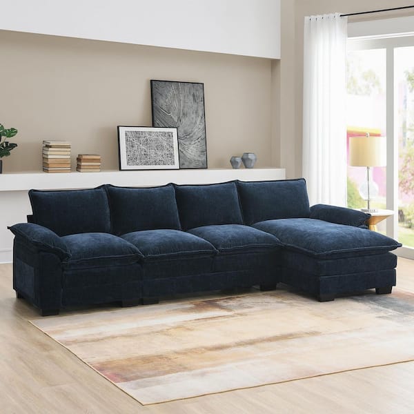 118 in. Double Cushions Chenille L-Shaped 5-Seat Sectional Sofa in Navy with Comfy Cloud Reversible Chaise