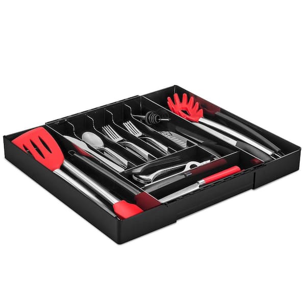 Expandable Silverware Organizer, 2 H x 10 W x 17 in. D Modern Black Plastic Utensil Tray, Kitchen Drawer Organizer
