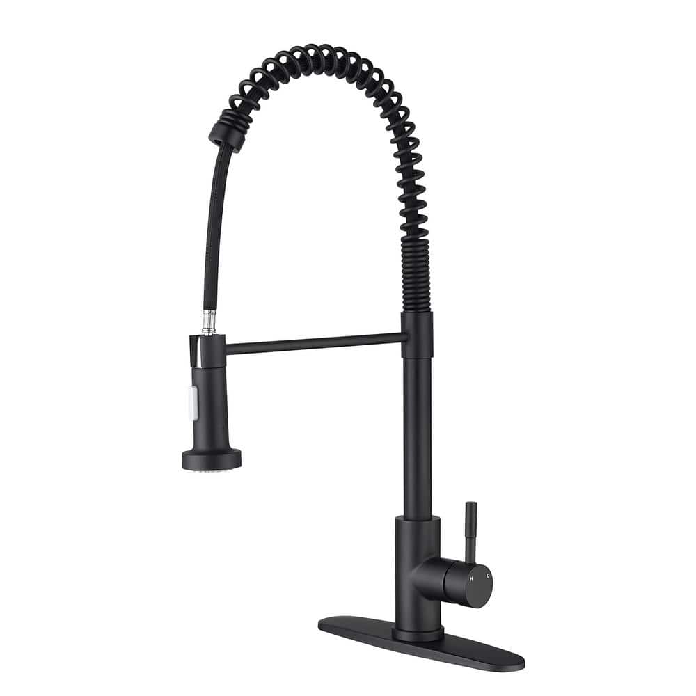 Single Handle Pull Down Sprayer Kitchen Faucet with Deck Plate in Matte Bla