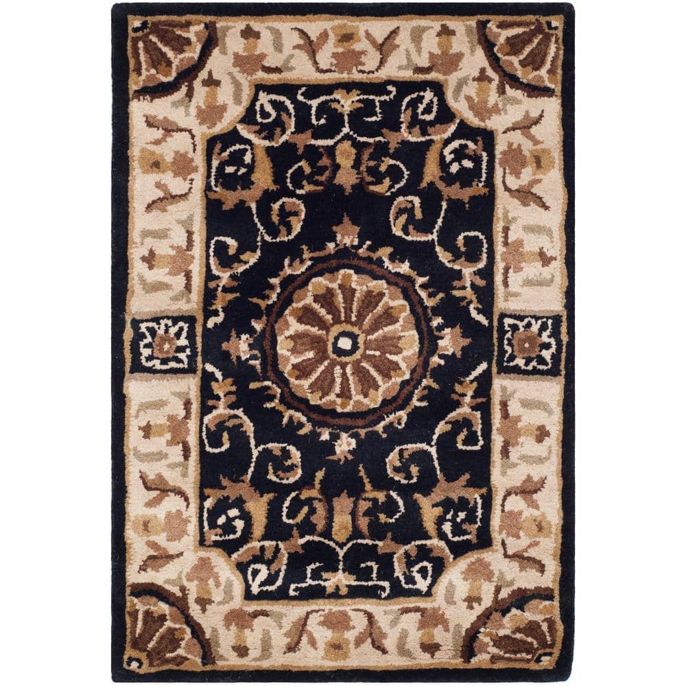 Handmade Tufted Wool Rectangular Black/Ivory Floral Area Rug