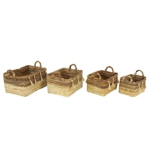 Rectangular Silk Wood and Banana Leaf Storage Wicker Baskets with Handles (Set of 3)