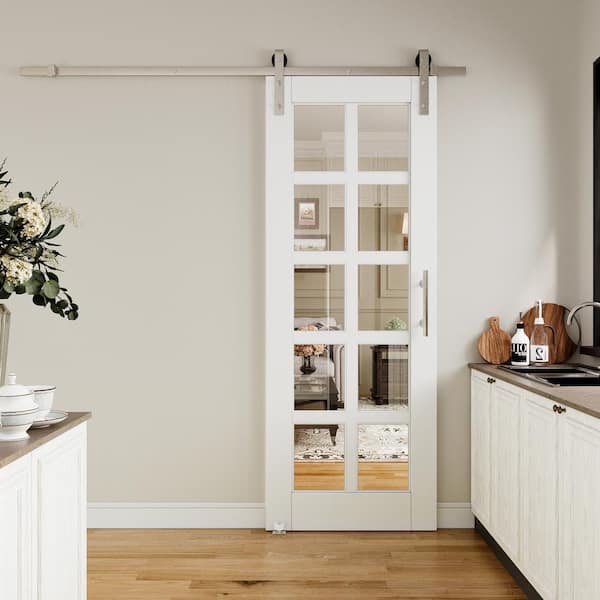 30 in. x 80 in. 10-Lite Clear Glass White Primed Sliding Barn Door with Hardware Kit Nickel Plated
