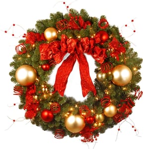 Decorative Collection Cozy Christmas 36 in. Artificial Wreath with Red and Clear Lights