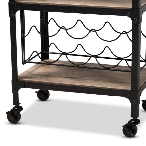 Baxton Studio Swanson Black Metal Oak Wood Mobile 3 Shelves Wine