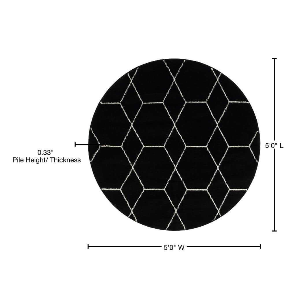 5' Round Black and Ivory Trellis Synthetic Area Rug