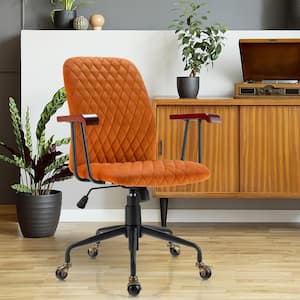 Velvet Swivel Adjustable Ergonomic Home Office Chair in Orange with Wooden Armrest Orange