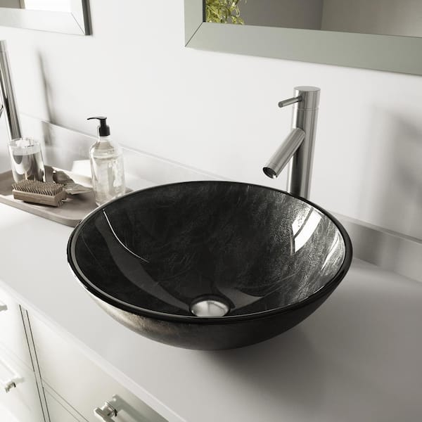 VIGO Gray Onyx Glass Round Vessel Bathroom Sink with Dior Faucet and Pop-Up Drain in Brushed Nickel