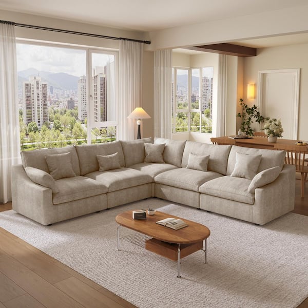 119.2 in. Square Arm 5-Piece Linen Down Modular Free Combination Sectional Sofa with Ottoman, Removable Covers in Brown