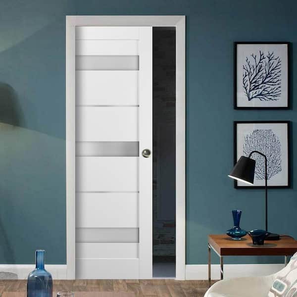 28 in. x 80 in. Panel White Finished Pine MDF Sliding Door with Pocket Kit