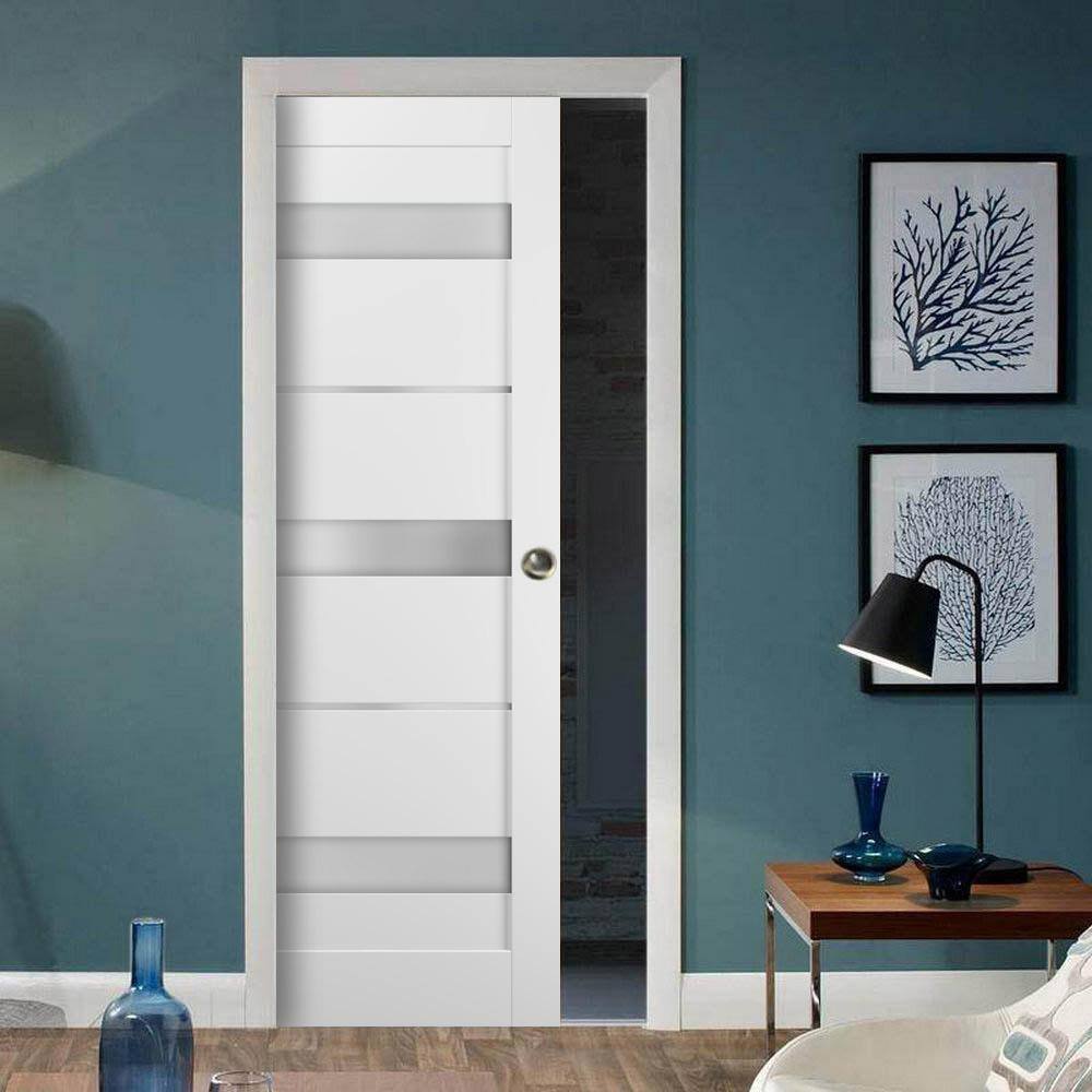 White MDF Sliding Pocket Door with Frosted Glass Panels