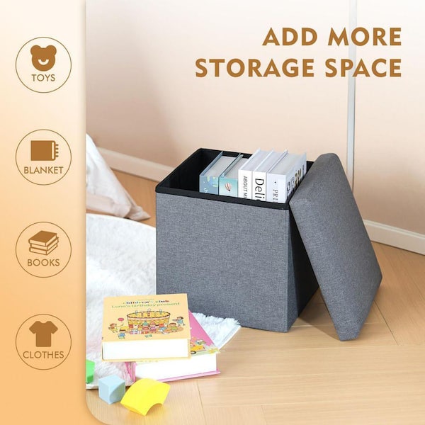 Grey Linen Upholstered Cube Ottoman Pouf, Square Shape, 1 Piece