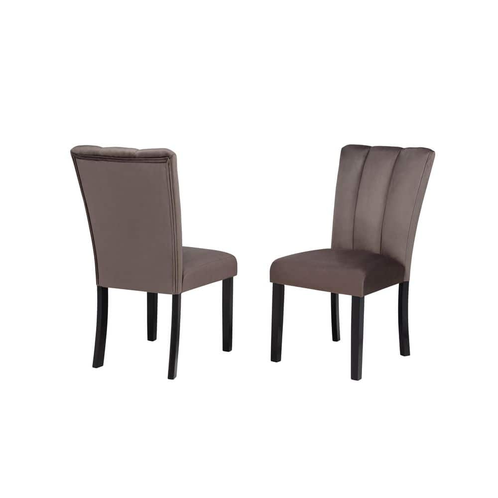 Front and back views of two cedar brown velvet dining chairs.