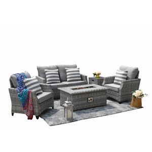 Moda 5-Piece Wicker Patio Conversation Set with Gas Fire Pit Table and Gray Cushions