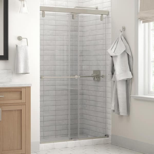 Delta Everly Mod 43-3/8 to 47-3/8 in. W x 71-1/2 in. H Soft-Close Frameless Sliding Shower Door in Nickel with Clear Glass