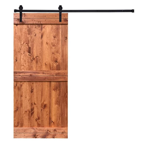 AIOPOP HOME Mid-Bar Series 30 in. x 84 in. Daredevil Reddish Brown Stained Knotty Pine Wood DIY Sliding Barn Door with Hardware Kit