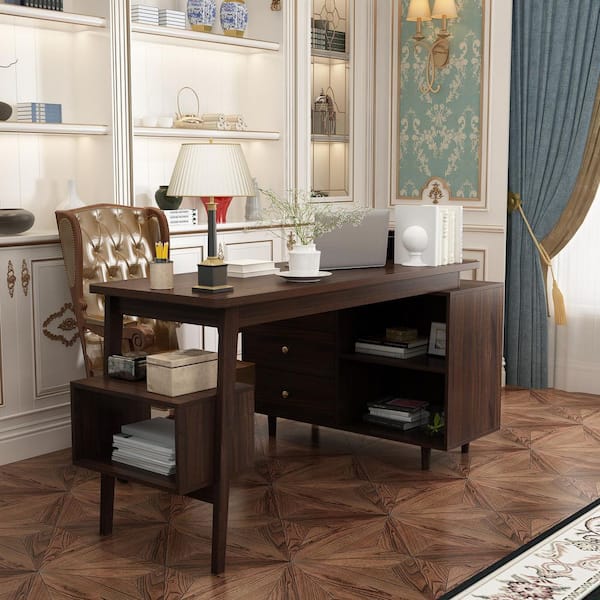 55.1 in. Width L-shaped Brown Wooden 3-Drawer Computer Desk, Writing Desk with Shelves Storage