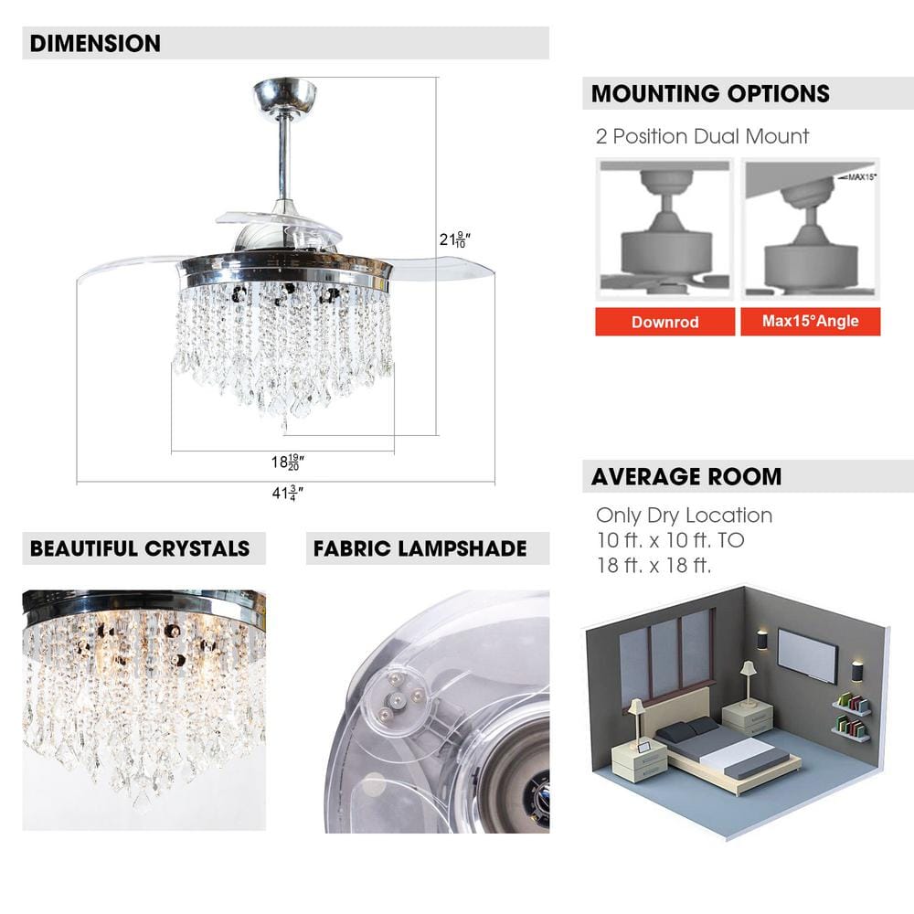 Mateo 42" Chrome Retractable Ceiling Fan Chandelier with Remote