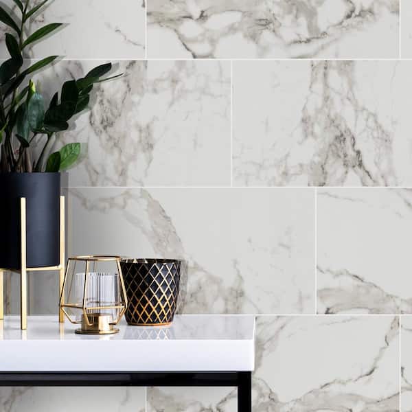 Crystal Bianco 12 in. x 24 in. Polished Porcelain Stone Look Floor and Wall Tile (28-Cases/448 sq. ft./Pallet)
