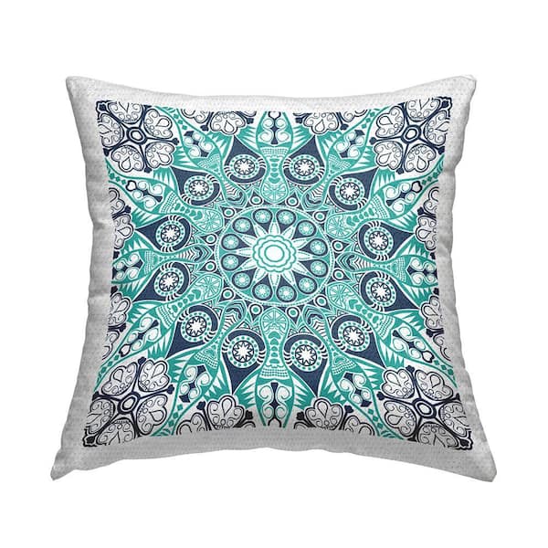 Turquoise Medallion Fractal Pattern Blue Square Outdoor Throw Pillow
