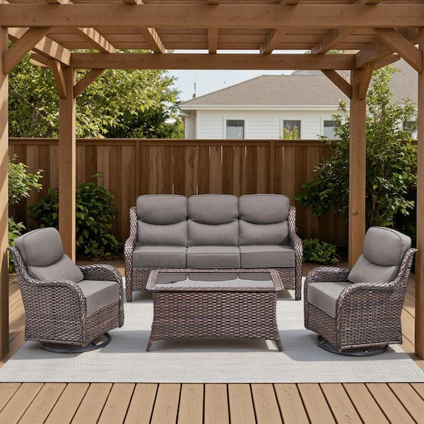 Arcadia Brown 4-Piece Wicker Patio Conversation Set with Swivel Gliders and 6 in. Thick Olefin Gray Cushions