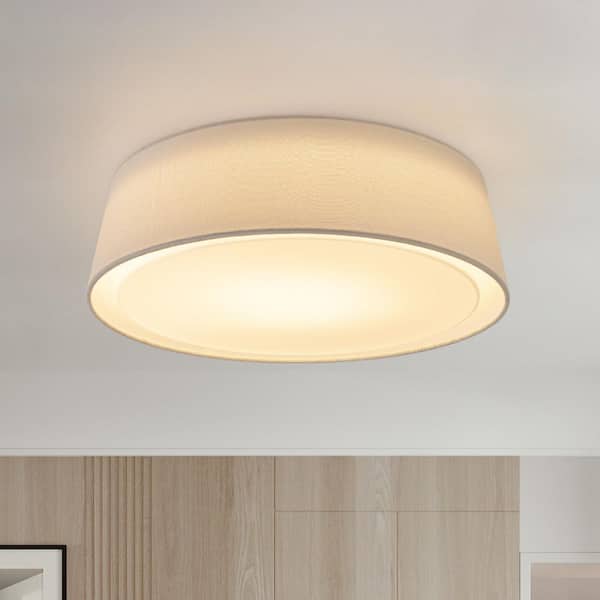 16.3 in. LED Flush Mount Ceiling Light Modern Cone Light Fixture with White Fabric Shade and Milky Glass Shade