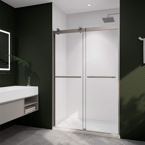 44-48 in W x 74 in H Dual Sliding Frameless Soft-Close Shower Door in Brushed Nickel with (8 mm) Clear Glass
