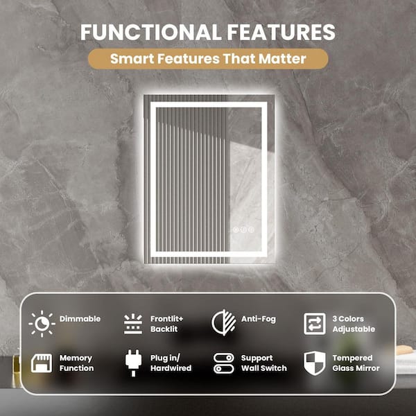 Luminous 36 in. W x 24 in. H Rectangular Frameless LED Mirror Dimmable Defog Wall-Mounted Bathroom Vanity Mirror