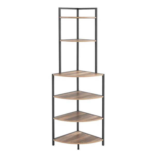 59.5 in. Tall Wood 6-Shelf Freestanding Etagere Bookcase with Metal Frame for Living Room, Brown