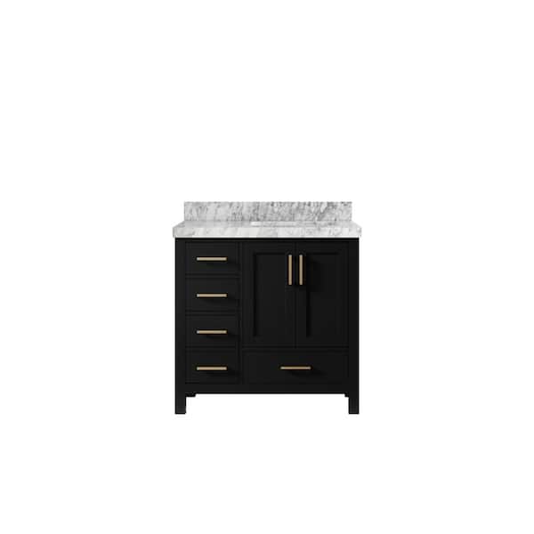 Willow Collections Malibu 36 in. W. x 22 in. D x 36 in. H Single Right Offset Sink Bath Vanity in Black with 2 in. Carrara Marble Top