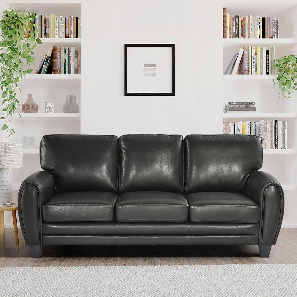 Modern 85" Black Faux Leather Stationary Sofa