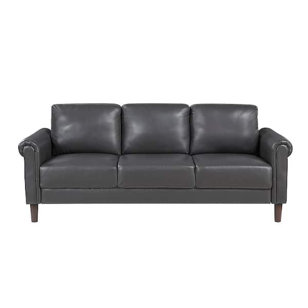 Walterboro 79 in. W Rolled Arm Faux Leather Rectangle Sofa in Dark Gray