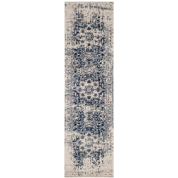 SAFAVIEH Madison Cream/Navy 2 ft. x 14 ft. Distressed Border Runner Rug ...