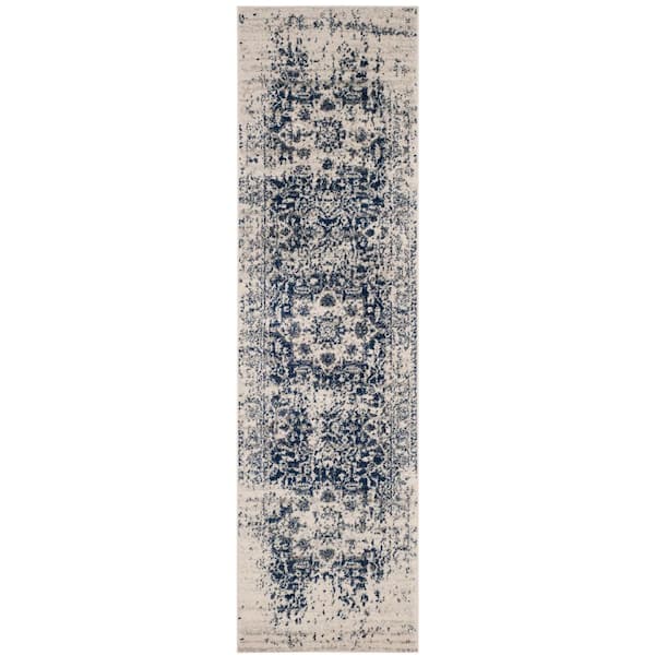 SAFAVIEH Madison Cream/Navy 2 ft. x 8 ft. Distressed Border Runner Rug