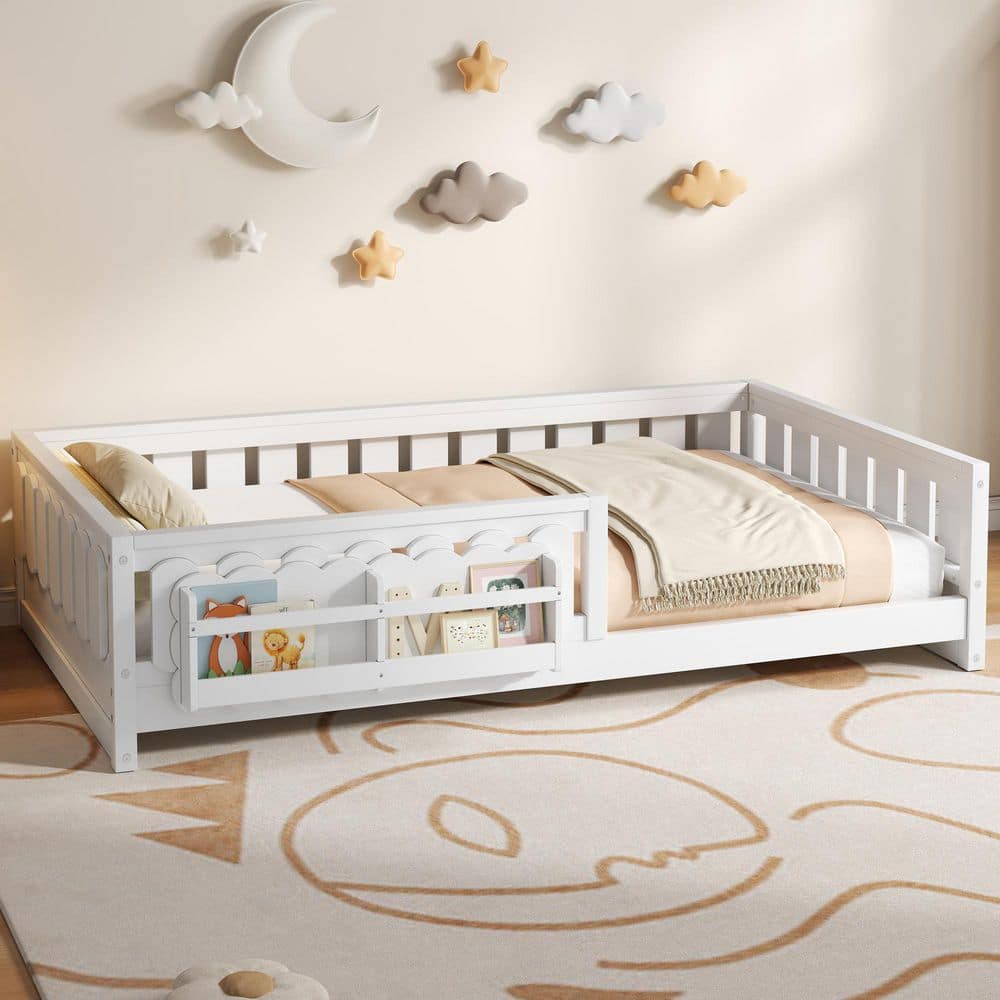 White Twin Size Solid Wood Kids Platform Bed with Guardrails and Bookcase, Low Profile Child Bed Frame