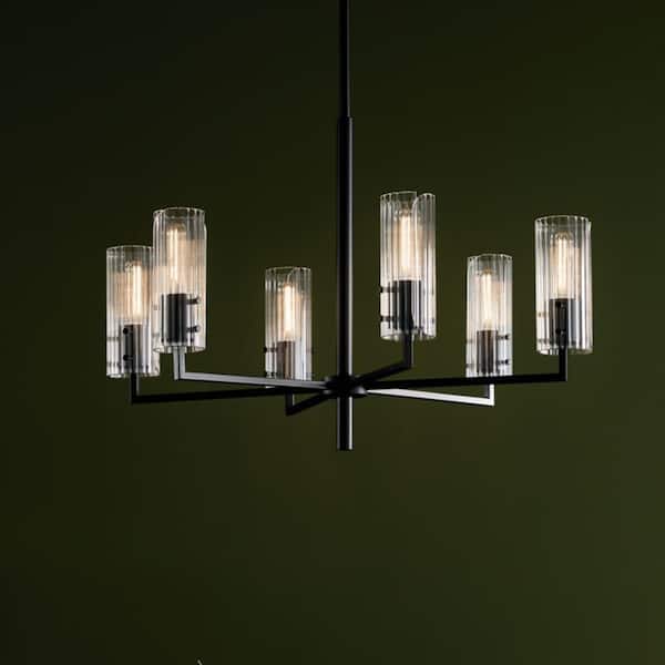 Velestino 30.25 in. 6-Light Black Modern Shaded Cylinder Chandelier for Dining Room