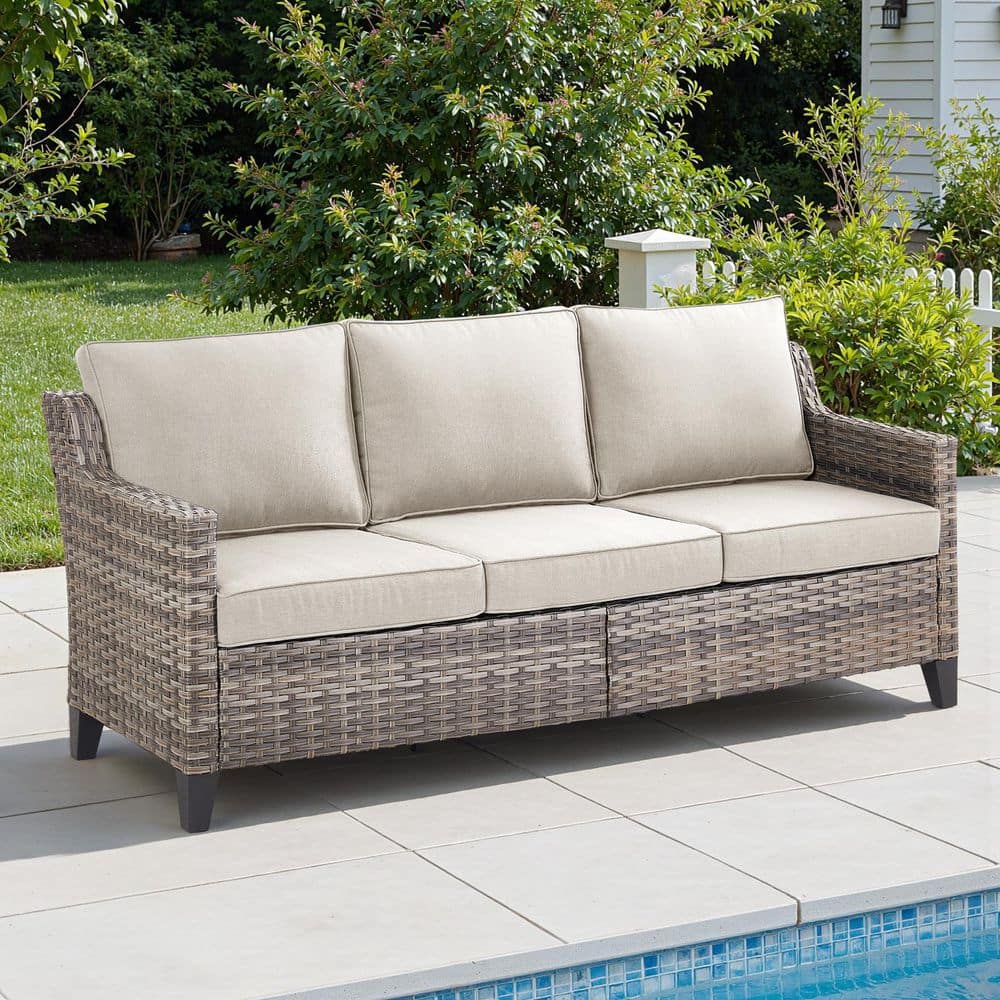 GlideRail 3-Seat Gray Wicker Outdoor Couch with 4 In. Olefin Beige Cushions Patio Lounge Furniture price history on PriceWatchPro