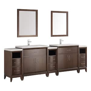 Cambridge 96 in. Vanity in Antique Coffee with Porcelain Vanity Top in White with White Ceramic Basins and Mirror