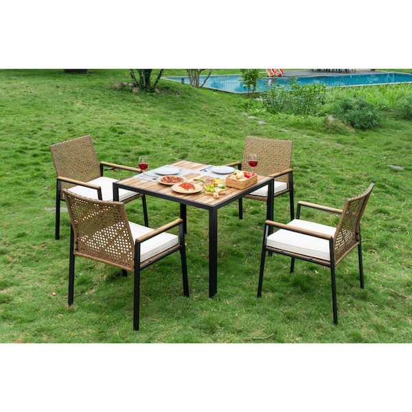 5-Piece Metal Outdoor Dining Table Set with Beige Cushions, Acacia Wood Table Top with Umbrella Hole, Light Brown