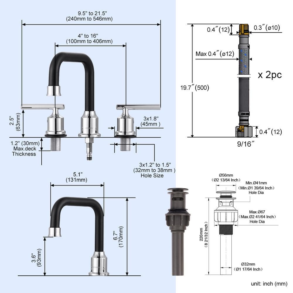 8-Inch Widespread Chrome and Black Stainless Steel Bathroom Faucet