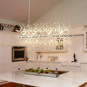 12-Light Chrome French Long Bar Dandelion-Shaped Crystal Bead Chandelier for Dinning Room with No Bulbs Included