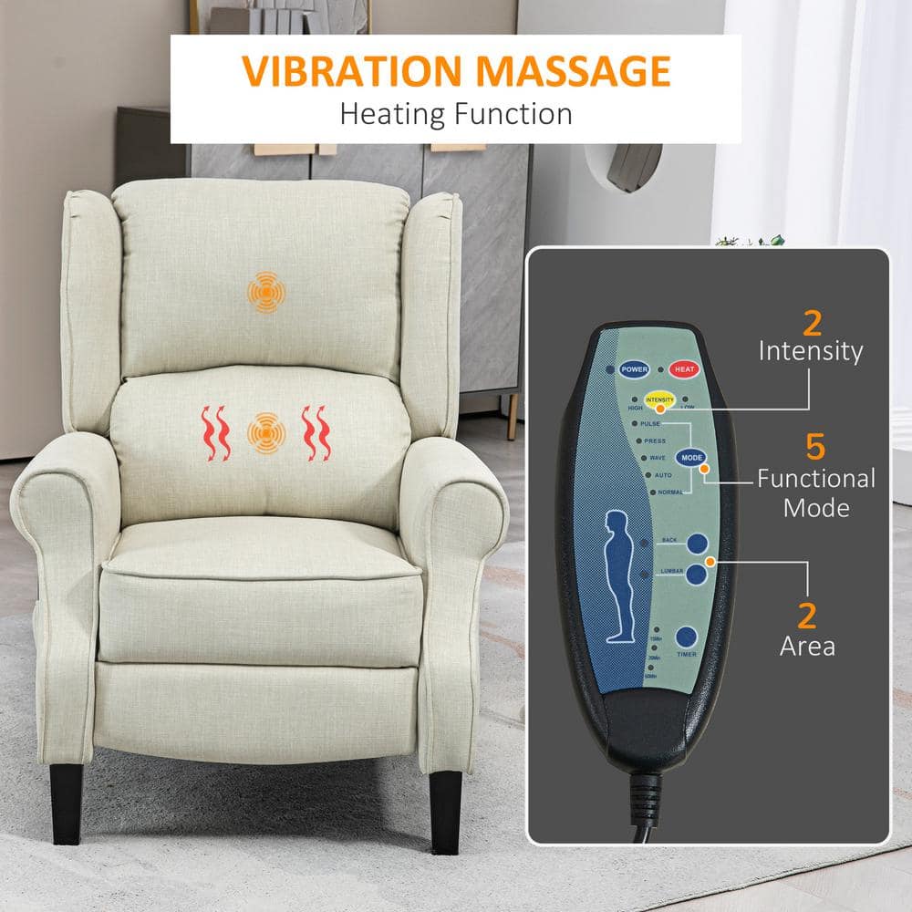 White Upholstered Wingback Heated Massage Recliner Chair