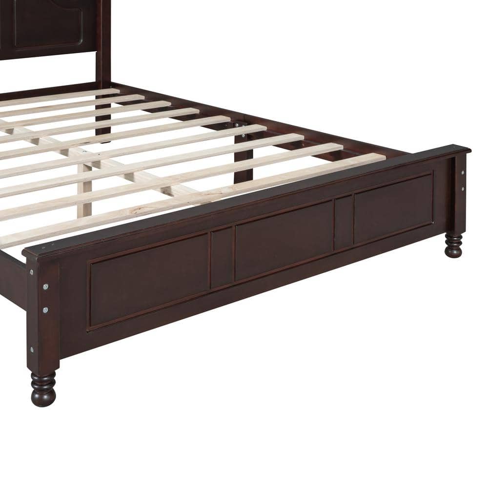 Dark Walnut (Dark Brown) Wood Frame Queen Size Platform Bed with Retro Style Headboard - thumbnail 6
