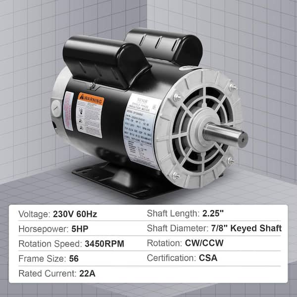 VEVOR 3.7HP Air Compressor Motor 3450 RPM Single Phase Electric Motor 5/8  in. Keyed shaft 230V 17.2A 56 Frame CW/CCW Rotation DXKYJDJTODP37A3YTV7 -  The Home Depot