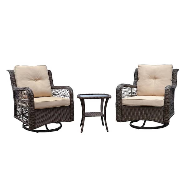 Zeus & Ruta 3-Piece Brown Wicker Outdoor Rocking Chair with Khaki Cushion, 360-Degree Swivel Rocking Chairs and Coffee Table
