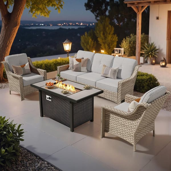 XIZZI EternalOasis 4 Pieces Wicker Outdoor Patio Rectangular Fire Pit Set with Grey Cushions